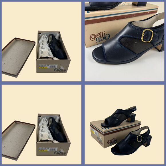70s/80s Corelli blue leather sandals, size 6.5M womens navy blue slingback heels main image 4